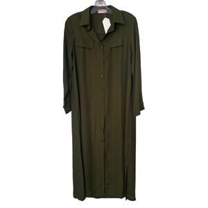 NWT C+D+M Long Sleeve Button Down Maxi Shirt Dress Olive Green Size Medium